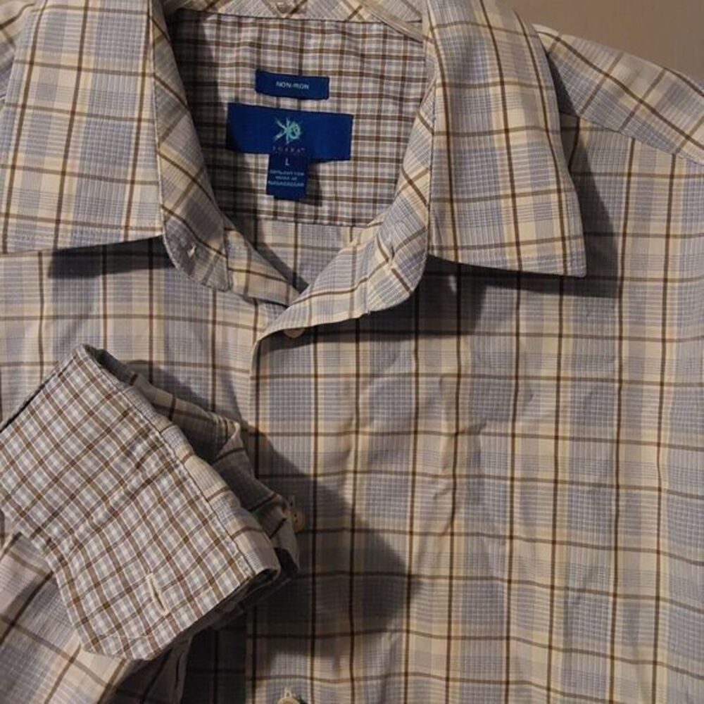 Egara Shirt Mens Long Sleeve Non Iron Button Up‎ Blue, White & Tan Plaid